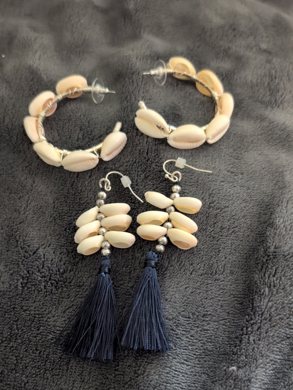 Chico's Cream Cowrie Shell Hoop Earrings And Shell Dangling Earrings